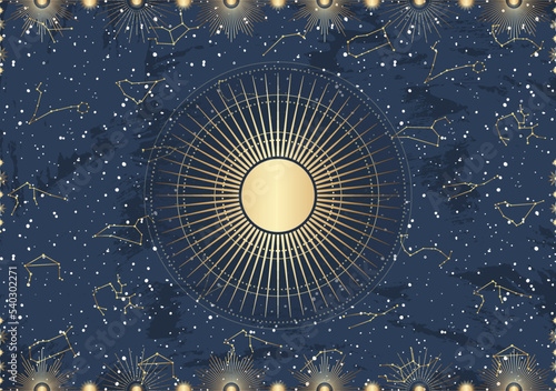 Hand drawn card of golden Sun, sunburst, light rays, stars. Constellation celestial space. Zodiac horoscope symbol, star astrology, astrology sign, icon. Magic space galaxy, vector sketch illustration