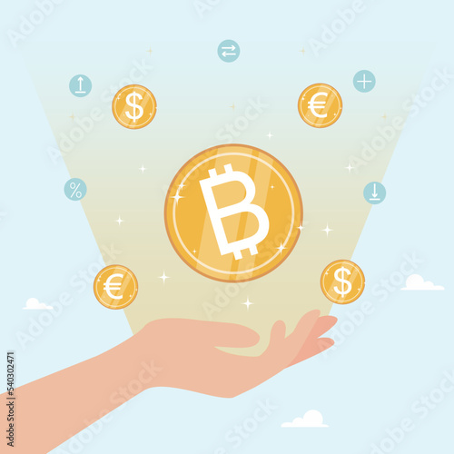 The future of bitcoins and cryptocurrencies, investment opportunities or alternative financial assets concept. Holder who buys bitcoin or cryptocurrency for long term investment, bitcoin independence.