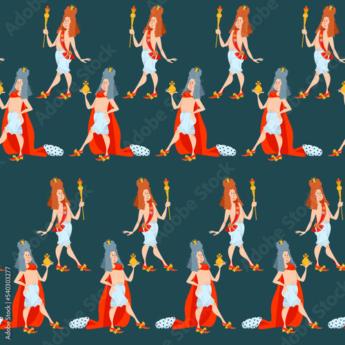 The naked emperor, the character of the book ”The Emperor’s New Clothes” of Hans Christian Andersen. Seamless background pattern