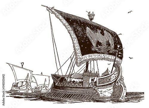 Three ancient Greek galleys navigating on calm sea