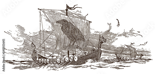 Two Viking longboats navigating on wavy sea