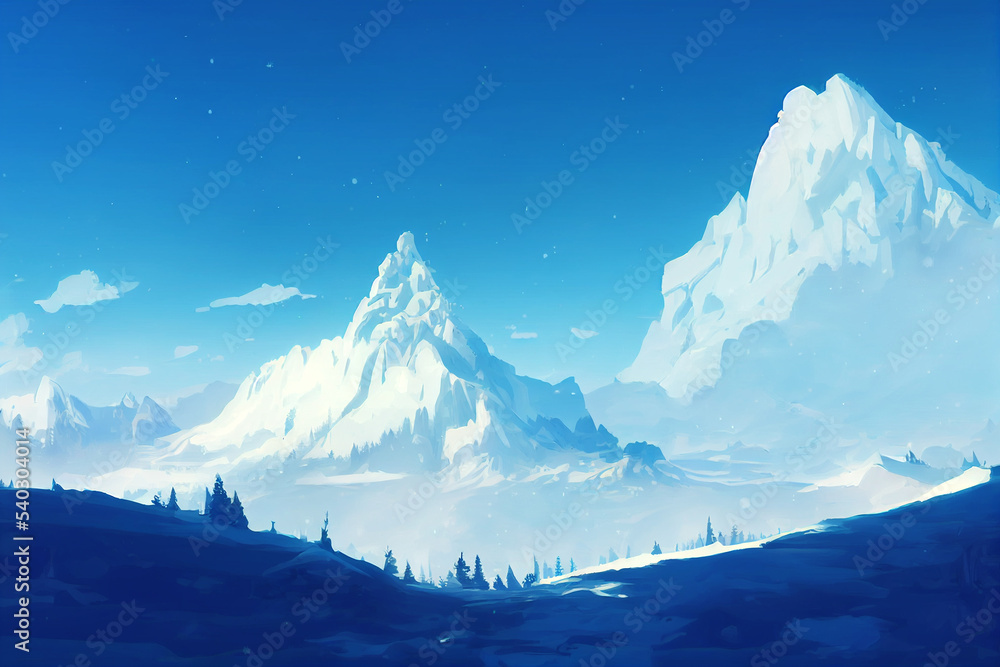 Mountain with forest under snow, winter, white and blue lighting.