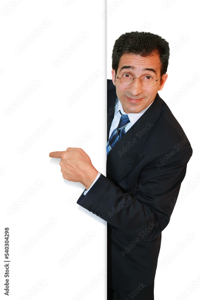 Series of gestures: manager points his index finger symbolically at an advertisement. Series of gestures: manager points his index finger symbolically at an advertisement.