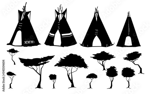 Set of Silhouettes Indians wigwam hut made of felt and skins with trees.. North American tribal dwelling. Traditional home of nomadic peoples. Isolated on white background Vector.