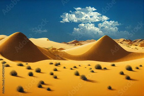 Desert landscape with golden dunes. Hot dry deserted african or mexican nature.