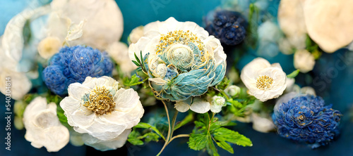 Valokuva Colorful bouquet Classic blue, white roses, thistle flowers and greenery