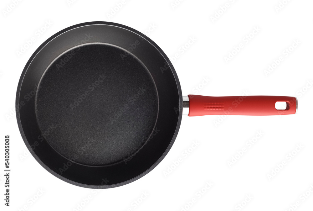 A frying pan with a red handle. Isolated object on a transparent background. view from above - obrazy, fototapety, plakaty 