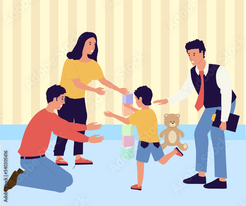 Adoption. Cartoon young couple adopt international kids. Cute scenes of cheerful foster parents. Caring for orphan. Mother and father hugging children. Vector families illustration