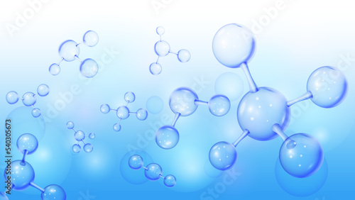 3d oxygen atoms, chemistry science formula. Molecular horizontal banner, chemical graphic structure, glass bio elements, render graphic. Glass model isolated on blue. Vector background shapes