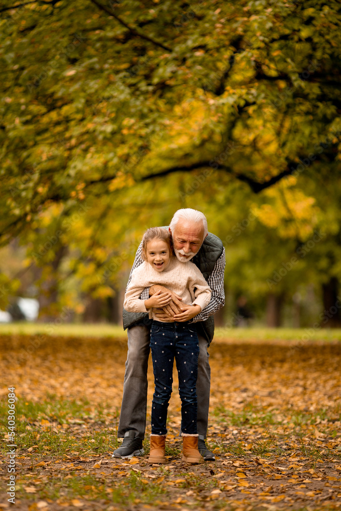 Fototapeta premium Grandfather spending time with his granddaughter in park on autumn day