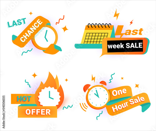 Countdown banners. Limited special offer stickers. Count days and hours until end of promotion. Discount signs with clocks or calendars. Ribbons and promo lettering. Vector sale badges set