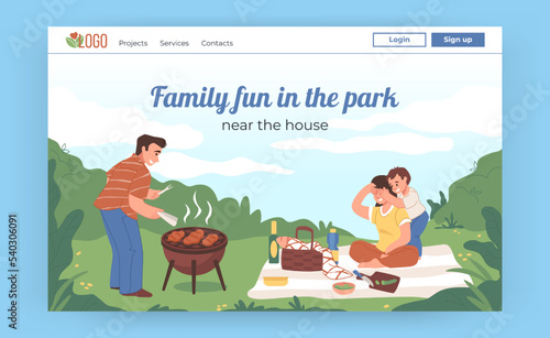 BBQ landing page. Website design. Family picnic. Relax in park. Mother and pet. Summer child cooking with father. Man and woman sitting on blanket. Web interface. Vector illustration