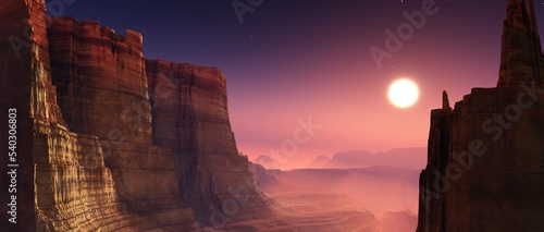 Sunset in the canyon, 3d rendering