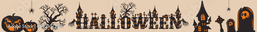 Halloween banner, pumpkins and cemetery