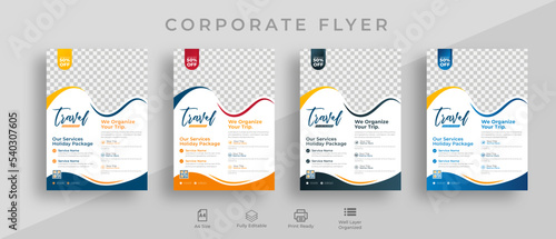 Travel business promotion poster or flyer template design ,tourism or summer holiday tour online marketing flyer, post or poster with abstract graphic background and logo. 