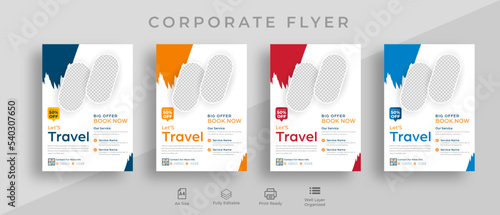 Travel business promotion poster or flyer template design ,tourism or summer holiday tour online marketing flyer, post or poster with abstract graphic background and logo. 