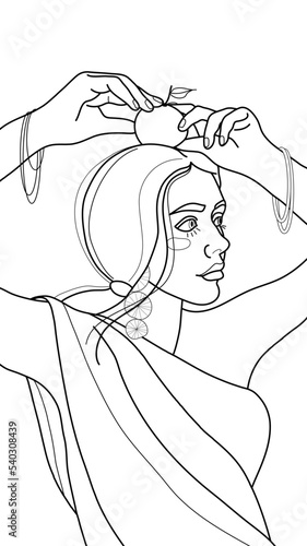 A coloring page with a picture of a girl in a dress holding an orange over her head.