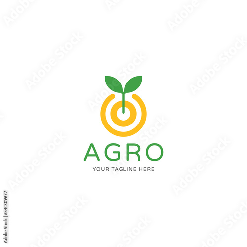 Vector flat agricultural plant logo with leaves and circles on white background. Biotechnology concept. Illustration for agro, farming and livestock business.