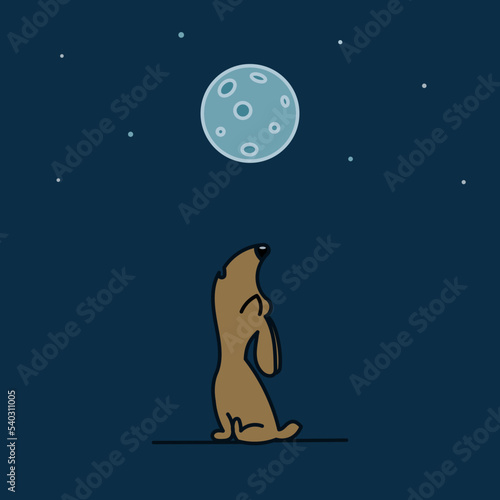 A cute puppy howls at the moon at night. Flat vector color illustration.