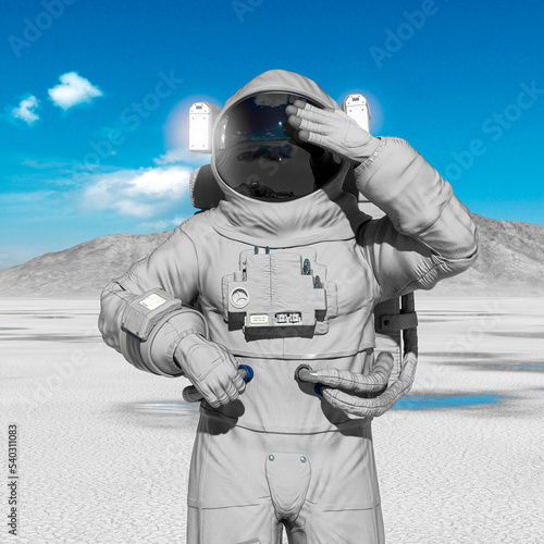 astronaut is blinded by the sun in the desert of another planet after rain © DM7