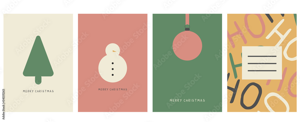 CHRISTMAS CARDS. Set of four xmas cards. Christmas templates. Corporate Christmas cards and invitations. Snowman,tree and ball in Minimalist style. 
