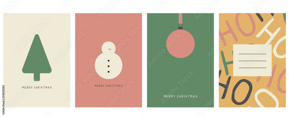 CHRISTMAS VECTOR CARDS. Set of four xmas cards. Christmas templates. Corporate Christmas cards and invitations. Snowman,tree and ball in Minimalist style