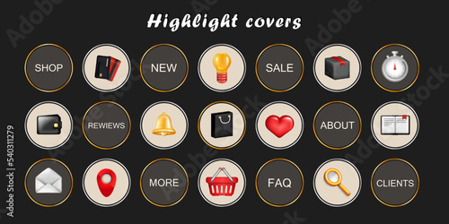 Set of 21 red, black and yellow social networks highlight covers. Vector social media cartoon 3d icons  for stories highlights. Delivery, shopping, market, business items. Web buttons for Instagram