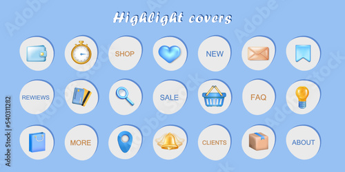 Set of 21 blue and yellow social networks highlight covers. Vector cartoon 3d icons  for Instagram stories highlights. Delivery, shopping, social media, notification items and various text in circles