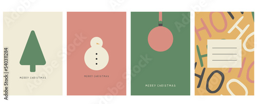 CHRISTMAS VECTOR CARDS. Set of four xmas cards. Christmas templates. Corporate Christmas cards and invitations. Snowman,tree and ball in Minimalist style