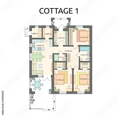 Detailed architectural one story private house blueprints and drawings. Vector illustration