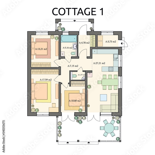 Detailed architectural one story private house blueprints and drawings. Vector illustration