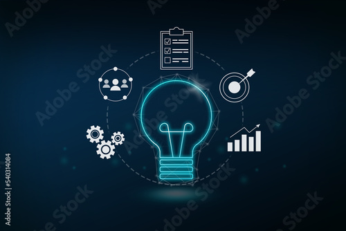 Concept idea of innovation, Cycle of digital business including icon process of work, customers relation, target goal to achieve, planning and data, analysis of report, statistics on blue background.