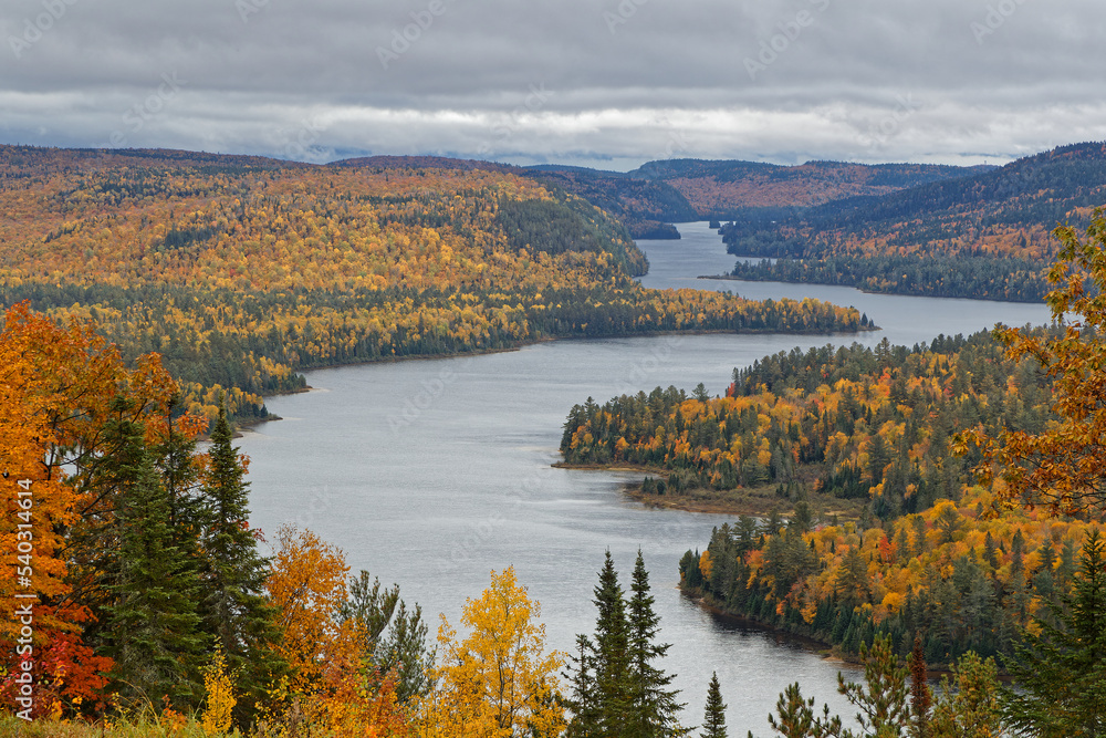 Fototapeta premium Large point of view on Wapizakonge lake and forests at fall clors, Parc National de la Mauricie