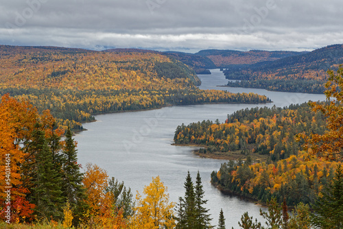 Large point of view on Wapizakonge lake and forests at fall clors, Parc National de la Mauricie