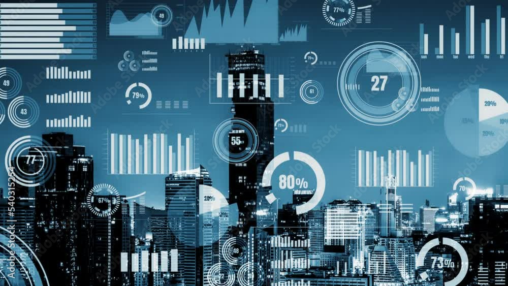 Vídeo do Stock: Business data analytic interface fly over smart city ...