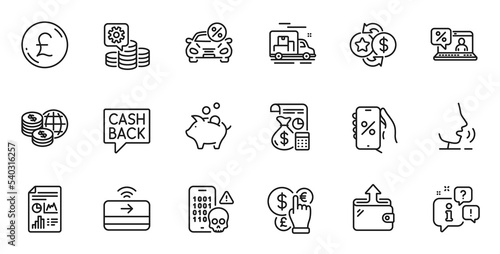 Outline set of Online loan, Contactless payment and Making money line icons for web application. Talk, information, delivery truck outline icon. Vector