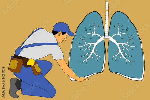 Researching lungs in medicine concept. Young man doctors workers investigating huge lungs illustration
