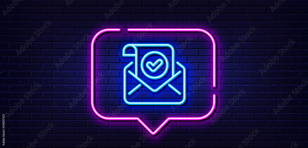 Neon light speech bubble. Confirmed mail line icon. Approved email letter sign. Verified correspondence symbol. Neon light background. Confirmed mail glow line. Brick wall banner. Vector Neon light speech bubble. Confirmed mail line icon. Approved email letter sign. Verified correspondence symbol. Neon light background. Confirmed mail glow line. Brick wall banner. Vector