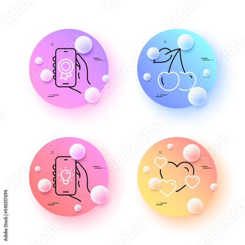 Electric app, Heart and Award app minimal line icons. 3d spheres or balls buttons. Cherry icons. For web, application, printing. Smartphone lantern, Love rating, Smartphone certification. Vector