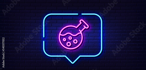 Neon light speech bubble. Chemistry lab line icon. Laboratory flask sign. Analysis symbol. Neon light background. Chemistry lab glow line. Brick wall banner. Vector