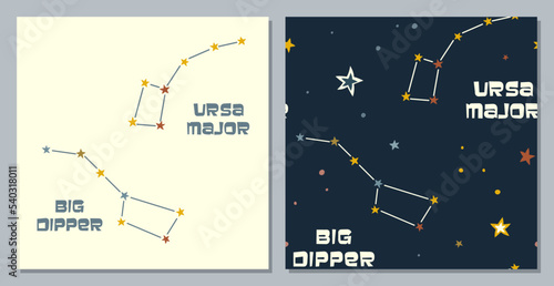 Constellations Ursa Minor and Big Dipper. Set of postcard and seamless pattern.