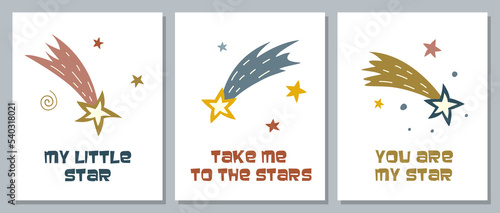 Set of cute posters with shooting stars and lettering. Collection of cute baby prints in cartoon style.