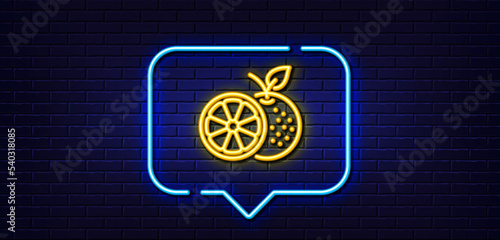 Neon light speech bubble. Orange line icon. Fruit food sign. Diet nutrition symbol. Neon light background. Orange glow line. Brick wall banner. Vector