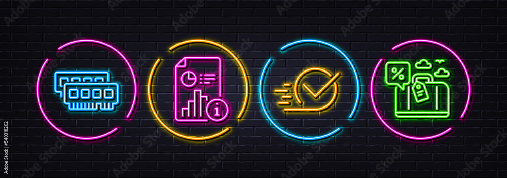 Ram, Report and Checkbox minimal line icons. Neon laser 3d lights. Travel loan icons. For web, application, printing. Random-access memory, Research file, Approved. Trip discount. Vector