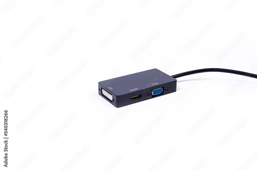 various converter cables adapters for computers and smartphones HDMI VGA USB DVI DP isolated on white