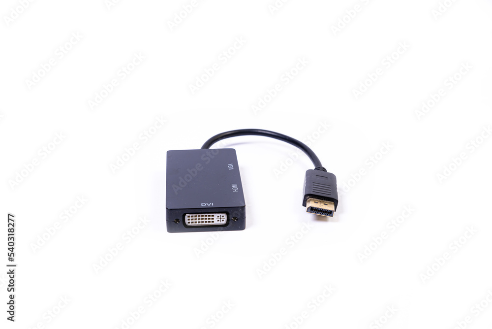 various converter cables adapters for computers and smartphones HDMI VGA USB DVI DP isolated on white various converter cables adapters for computers and smartphones HDMI VGA USB DVI DP isolated on white