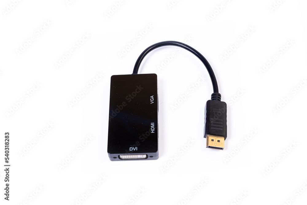 various converter cables adapters for computers and smartphones HDMI VGA USB DVI DP isolated on white various converter cables adapters for computers and smartphones HDMI VGA USB DVI DP isolated on white