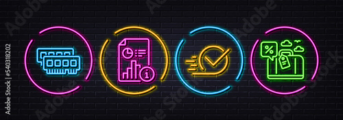 Ram, Report and Checkbox minimal line icons. Neon laser 3d lights. Travel loan icons. For web, application, printing. Random-access memory, Research file, Approved. Trip discount. Vector
