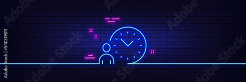 Neon light glow effect. Time management line icon. Clock sign. 3d line neon glow icon. Brick wall banner. Time management outline. Vector