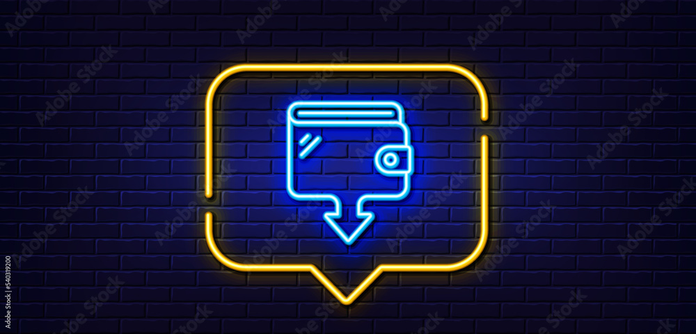 Neon light speech bubble. Wallet line icon. Send money purse sign. Cash budget symbol. Neon light background. Wallet glow line. Brick wall banner. Vector Neon light speech bubble. Wallet line icon. Send money purse sign. Cash budget symbol. Neon light background. Wallet glow line. Brick wall banner. Vector